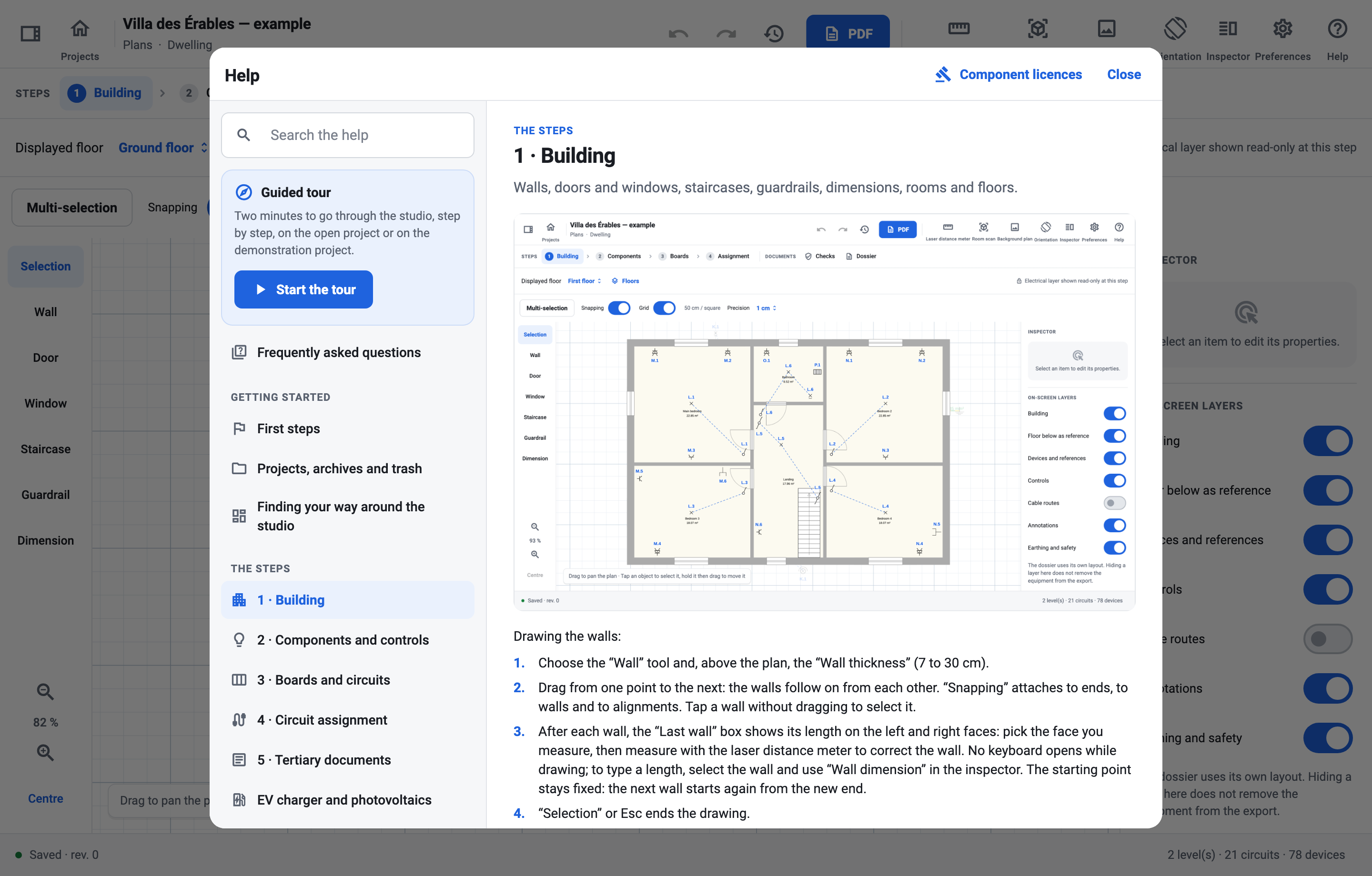 The ES Schémas help, open on the Building page of the guide.