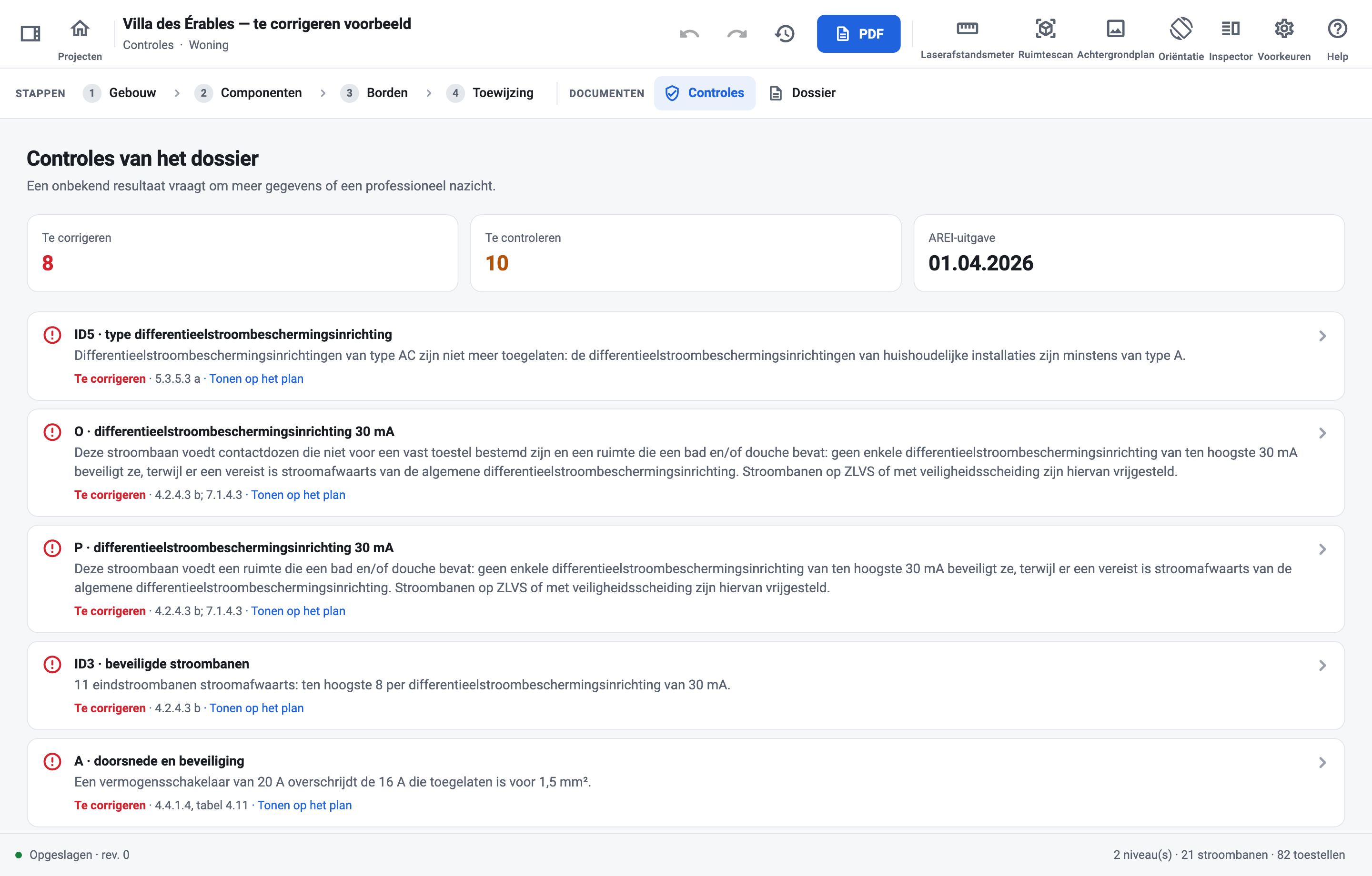 De pagina Controles van een project met acht punten te corrigeren, elk met zijn onderafdeling van het AREI.